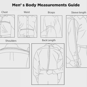 May include: A black and white diagram titled "Men's Body Measurements Guide" showing how to measure chest, waist, biceps, sleeve length, shoulders, and back length. The guide uses illustrations of a person wearing a button-down shirt.