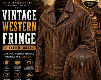 Vintage Western Fransed Leather Jacket för män | Handgjord cowboyläderkappa | Rustik ranchjacka | Westernkläder i äkta läder