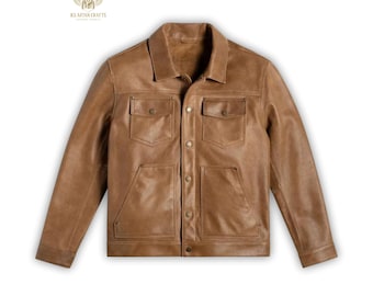 Chaqueta de camionero de piel de vaca marrón hecha a mano: chaqueta de cuero auténtico para hombre, abrigo clásico de motociclista e informal.