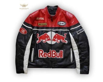 Red Bull Racing Leather Jacket | Vintage Black Red White Genuine Leather Jacket | Formula One Jacket | F1 Motorsport Biker Outerwear Gifts