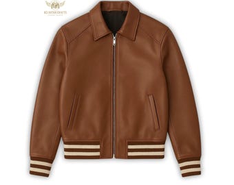 Handgefertigte Braune Leder Varsity Jacke für Herren | Retro Bomberjacke