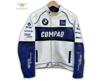 BMW Compaq Racing Leather Jacket | Williams F1 Inspired Motorcycle Jacket | White Blue Biker Jacket for Men | Custom Racing Gear Gifts