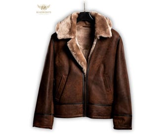 Brown Shearling Leather Jacket | Vintage Aviator Shearling Coat | Genuine Leather Winter Jacket | Warm Fur Lined Bomber Jacket Men & Women