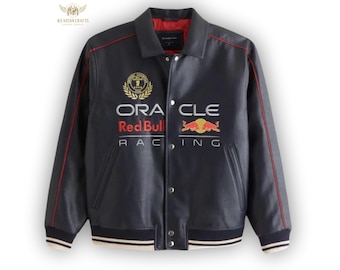 Oracle Red Bull Racing Leather Varsity Jacket | Verstappen #1 F1 Bomber Jacket