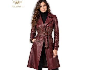 Women’s Burgundy Leather Trench Coat, Long Leather Coat for Women, Wine Red Leather Jacket, Handmade Leather Outerwear, Elegant Fall Coat