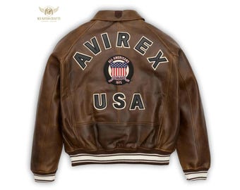 Vintage Avirex USA Leather Bomber Jacket: Retro Aviator Varsity Style