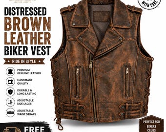 Distressed Brown Leather Biker Vest for Men | Handmade Genuine Leather Motorcycle Vest | Vintage Riding Waistcoat | Custom Size