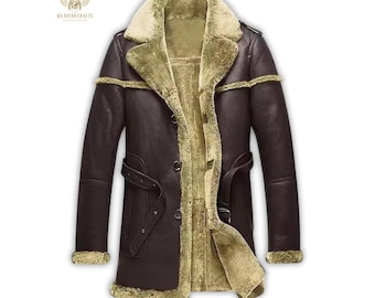 Men’s Shearling Leather Coat | Brown Sheepskin Winter Jacket | Vintage Shearling Long Coat | Warm Fur Lined Trench | Handmade Winter Jacket