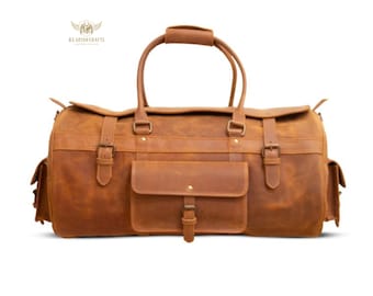 Borsa da viaggio in pelle pieno fiore realizzata a mano, borsa da weekend incisa al laser, bagaglio a mano, borsa da viaggio retrò per uomo, personalizzabile / regalo