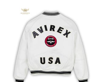 Avirex USA White Varsity Jacket | Special Equipment Bomber | Retro Streetwear Mens Leather Jacket | Vintage Hip Hop Outerwear | Gift for him