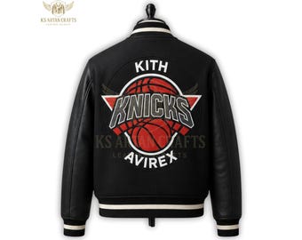Kith Knicks Avirex Jacke, Schwarze Leder Varsity Jacke, NY Knicks Bomberjacke, Streetwear Lederjacke, Basketball Jacke Männer Geschenke