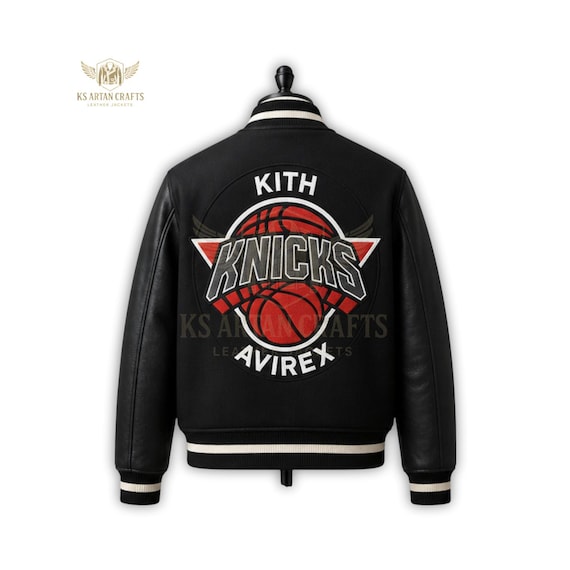 Kith Knicks Avirex Jacket, Black Leather Varsity Jacket, NY Knicks Bomber Jacket, Streetwear Leather Jacket, Basketball Jacket Men Gifts