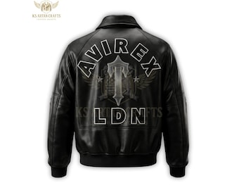Avirex LDN Black Leather Jacket | Men’s Bomber Jacket | Streetwear Varsity Coat | Premium Handmade Real Leather Outerwear USA Retro Aviator