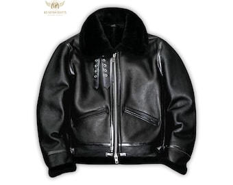 Black Shearling Leather Jacket | Men’s Aviator B3 Bomber Coat | Faux Fur Collar