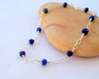 Pulsera Lapis Lazuli, pulsera envuelta en alambre lapislázuli, pulsera lapislázuli de plata de ley, brazalete de piedra preciosa azul Lapis hecho a mano