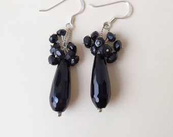 Black Onyx Tourmaline Cluster Sterling Silver Chain Earrings, Black Earrings, Black Onyx Tourmaline Earrings Black jewelry