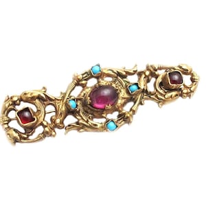 Large Brooch Antique Austro Hungarian Ruby Almandine Garnet Turquoise Paste Gilt Metal Unusual Jeweled
