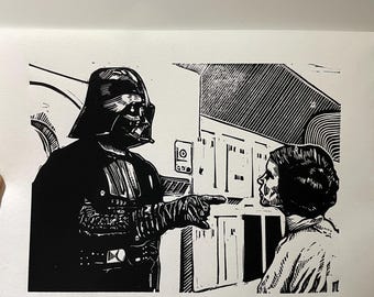 Lámina en linóleo de Darth Vader y la princesa Leia: Star Wars: Una nueva esperanza. "¡Eres parte de la alianza rebelde!"