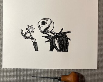 Jack Skellington "¿Qué es esto?" Pesadilla antes de Navidad. Edición limitada, firmada y numerada. Grabado en linóleo.