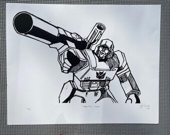 Transformers Megatron 1984. Impresión artística en linóleo de edición limitada. Impresión en relieve hecha a mano.