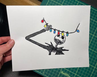 Grabado en linóleo de Jack Skellington, Arte de Pesadilla antes de Navidad (Firmado y numerado)