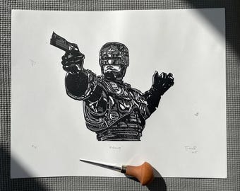 Impresión artística hecha a mano en linóleo de Robocop, 1987, edición limitada