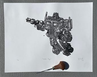 Impresión artística hecha a mano en linóleo de Transformers Optimus Prime "Juguete de 1984" Edición limitada
