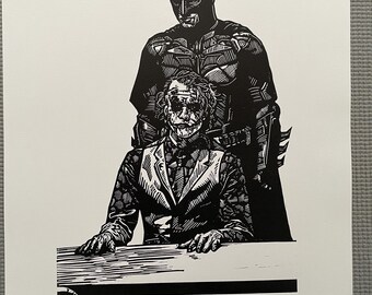 The Dark Knight Batman and Joker Linocut Art Print: "Never start with the head" Limited Edition print