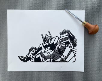 Impresión artística en linóleo hecha a mano de Ultra Magnus de Transformers, la película '86, edición limitada
