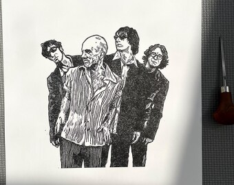 REM, alt rock band handmade Linocut Art Print Limited Edition