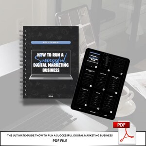 Puede incluir: Un cuaderno negro y blanco con encuadernación en espiral. La portada presenta una computadora portátil con el texto "How to Run a Successful Digital Marketing Business" en letras de neón azules. El cuaderno está sobre un escritorio con una tableta y una taza de café.