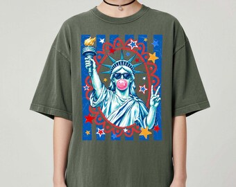 Camiseta de rayas con la Estatua de la Libertad soplando burbujas para el 4 de julio, Camiseta Comfort Colors America para el 4 de julio, Camiseta retro patriótica America 250 para mujer