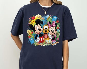 Camiseta de regreso a clases de Mouse y sus amigos, lindo diseño de camiseta escolar de dibujos animados, camiseta del primer día de clases, camiseta Disney de Mouse para el aula