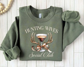 Sudadera del Club Social de Esposas de Cazadores, Camiseta Divertida de Esposa con Astas de Ciervo, Conjunto a Juego para el Fin de Semana de Chicas, Sudadera de Cuello Redondo para Parejas de Cazadores