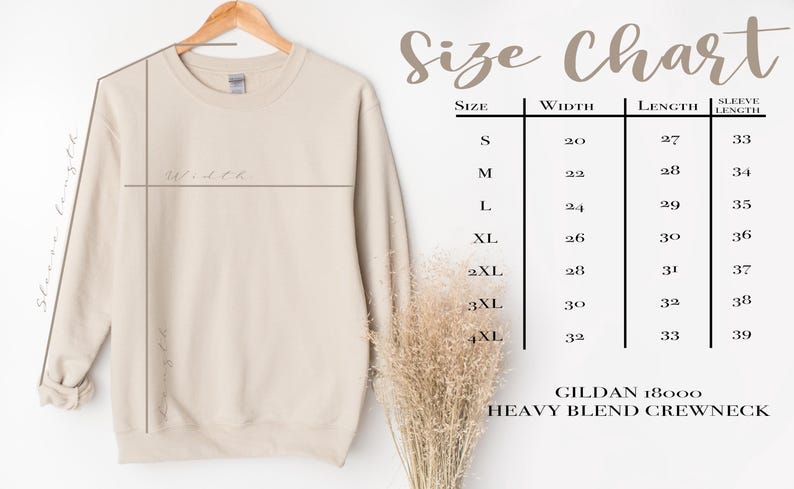 May include: A beige Gildan 18000 Heavy Blend crewneck sweatshirt hangs on a wooden hanger. A size chart displays measurements in inches for width, length, and sleeve length, ranging from size S to 4XL.