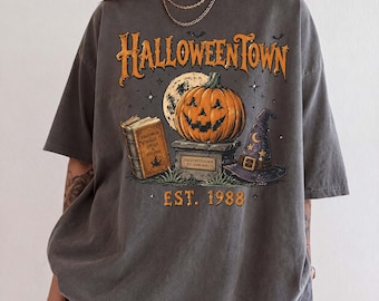 Camiseta de Halloweentown Sudadera retro de Halloween Town Temporada espeluznante Universidad Cuello redondo Calabaza Sombrero de bruja Magia Ropa de otoño Regalo, Halloween