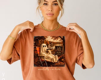 Camiseta de Halloween Summerween Ghost, Camiseta Mentally I Am Here, Camiseta de moda para amantes de Halloween, Sudadera divertida de otoño, Temporada espeluznante retro