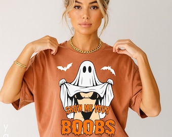 Divertida camiseta de Halloween para mujer "Muéstrame tus tetas", sudadera de fantasma, cuello redondo, camiseta de moda para adultos con humor, regalo para fiestas de otoño