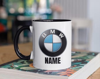 Individuelle BMW Namenstasse, personalisiertes Geschenk für Auto-Enthusiasten, zweifarbige 11 Unzen Kaffeetasse für ihn, BMW Logo Tasse, Geburtstagsgeschenk für Autoliebhaber