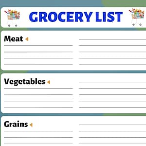 May include: A grocery list template with sections for meat, vegetables, grains, fruit, snacks, and other items. The title "GROCERY LIST" is in blue, with a shopping cart graphic on each side. The background is a gradient of green and blue.