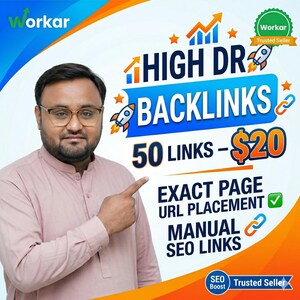 Könnte beinhalten: Werbung mit einem Mann, der auf den Text „HIGH DR BACKLINKS 50 LINKS - $20“ zeigt. Der Text enthält auch „EXACT PAGE URL PLACEMENT“ und „MANUAL SEO LINKS“. Das Bild hat ein blaues und orangefarbenes Farbschema.