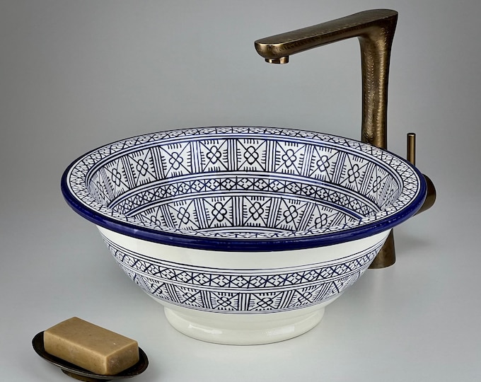 Hand-Painted Moroccan Vessel Sink: Blue and White Ceramic Washbasin with Geometric Berber Patterns for Bathroom Vanity Decor