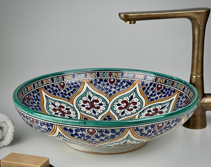 Low Profile Moroccan Sink – Colorful Hand-Painted Ceramic Vessel – Round Multicolor Pottery Basin for Artistic Vanity Countertop