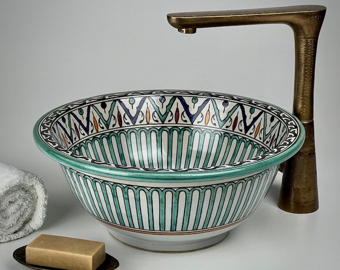 Hand-Painted Moroccan Sink – Green Ceramic Vessel Basin – Round Bathroom Washbasin – Pottery Vanity Sink for Boho Interiors
