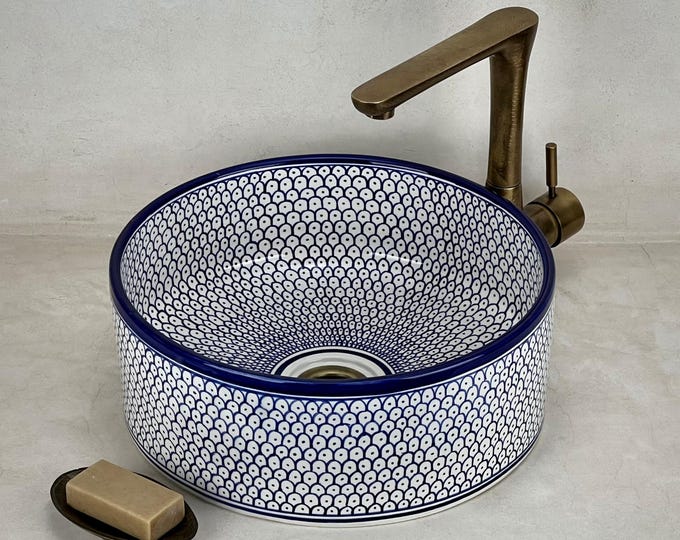 Hand-Painted Moroccan Ceramic Sink: Blue and White Round Basin with Intricate Repeating Patterns for Bathroom Vanity Decor