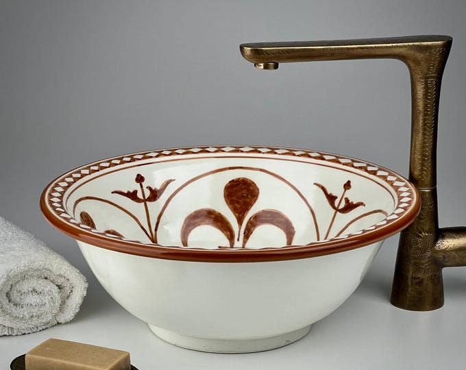Handcrafted Moroccan Ceramic Vanity Sink with Moorish Motifs – Brown Washstand Basin for Bathroom Decor