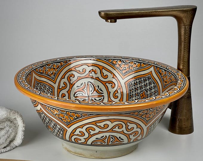 Moroccan Sink – Artisan Pottery Ceramic Washbasin – Handcrafted Vessel Basin – Luxury Bathroom Vanity – Bohemian Art Decor