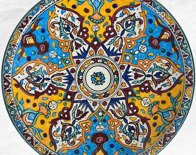 Moroccan Ceramic Plate – Hand-Painted Pottery Dish with Bright Yellow & Blue – Wall Decor or Tableware