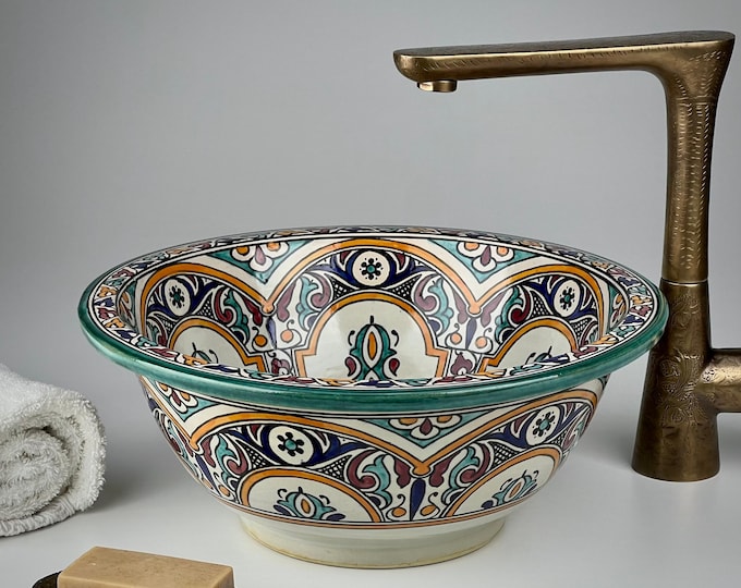 Moroccan Ceramic Vessel Sink – Hand-Painted Washbasin with Multicolor Arches and Green Rim for Boho, Oriental or Luxury Bathroom Décor