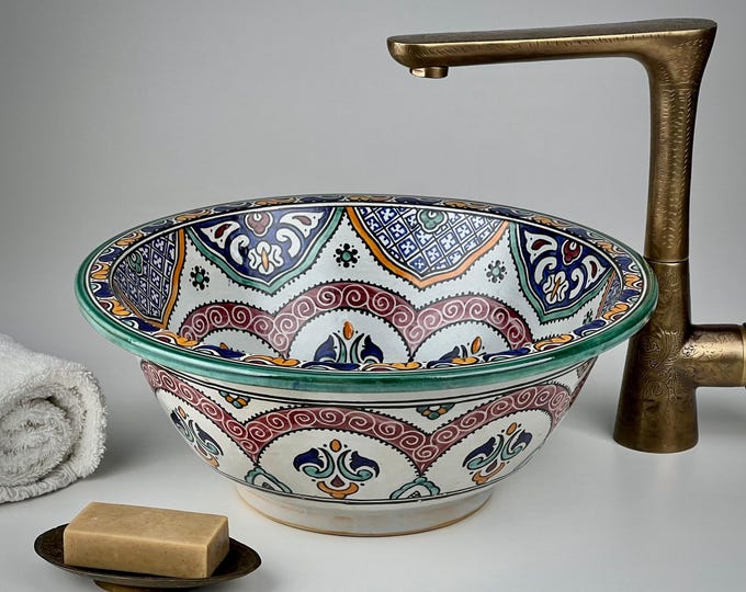 Colorful Moroccan Vessel Sink – Hand-Painted Ceramic Washbasin with Floral and Geometric Motifs for Oriental or Boho Vanity Bathroom